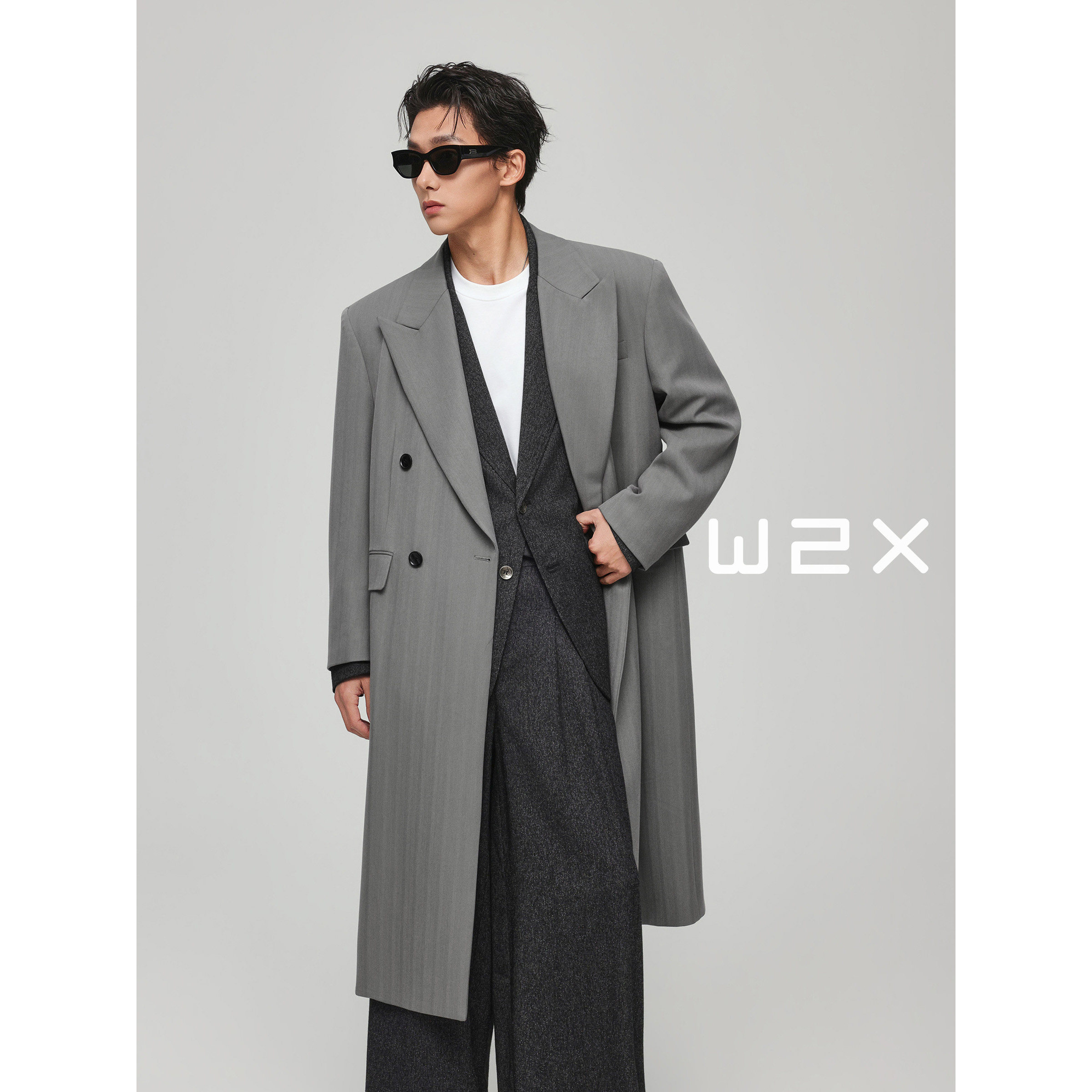 人字纹枪驳领双排扣风衣中长款图片