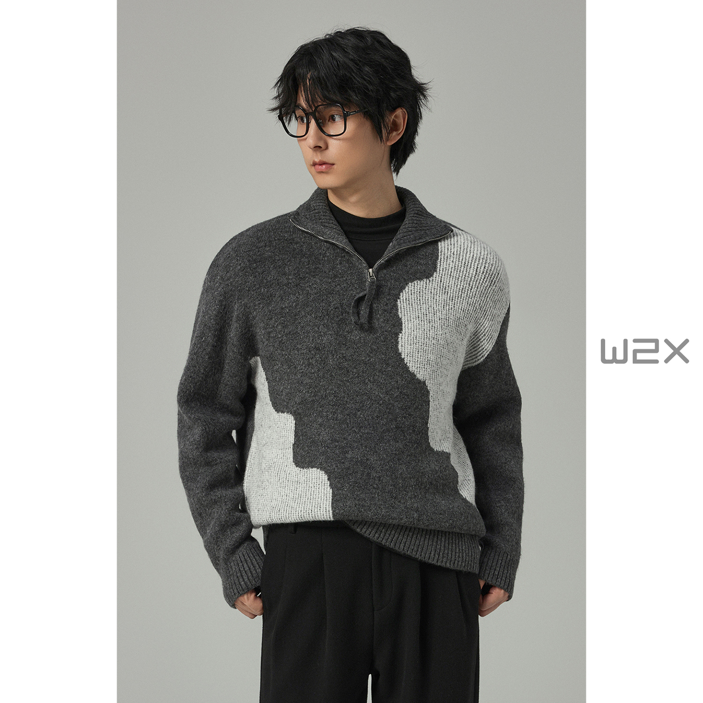 半高领拉链设计针织衫男