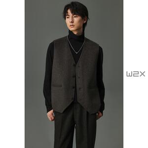 w2x2024冬季新款950g双面绵羊毛加厚无袖马甲外套设计感痞帅背心