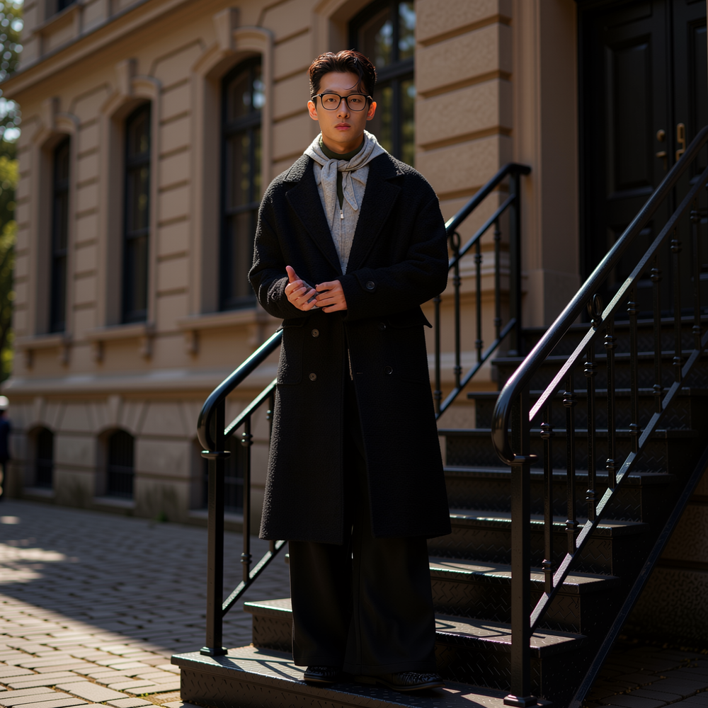 w2x纯色百搭秋冬季针织羊毛呢大衣男士中长款风衣双面呢大衣加厚