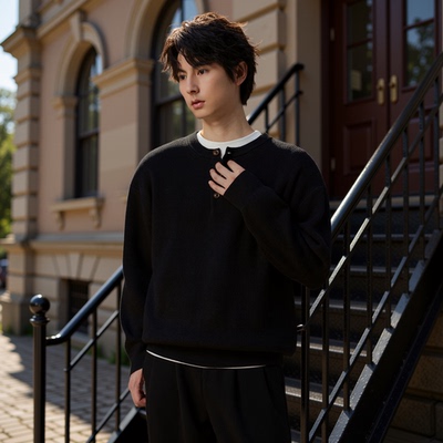 w2x日系针织衫男款内搭秋冬季加厚冬装保暖男士双面毛呢毛衣男装