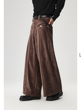 w2x2025冬季新款加厚雪尼尔阔腿休闲裤痞帅宽松青年长裤子男裤潮