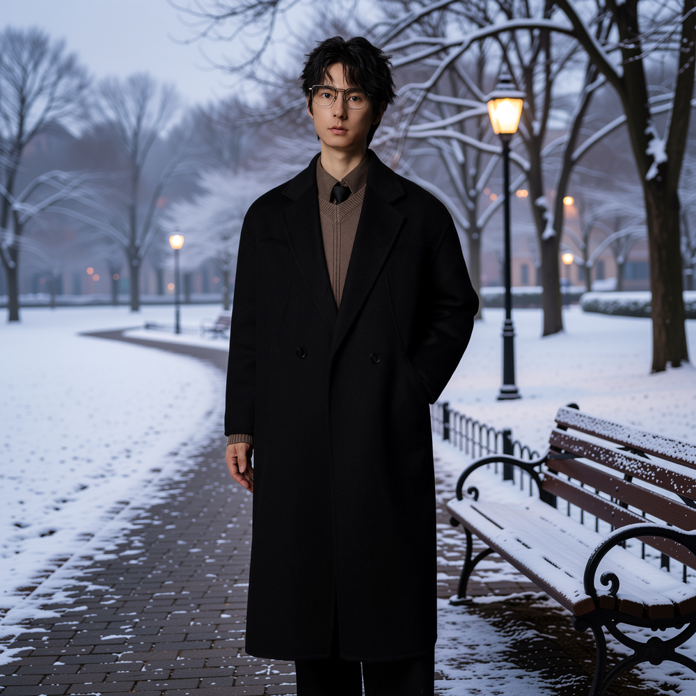 w2x双面羊毛呢大衣韩版加厚秋冬季中长款西装领风衣呢子外套男士