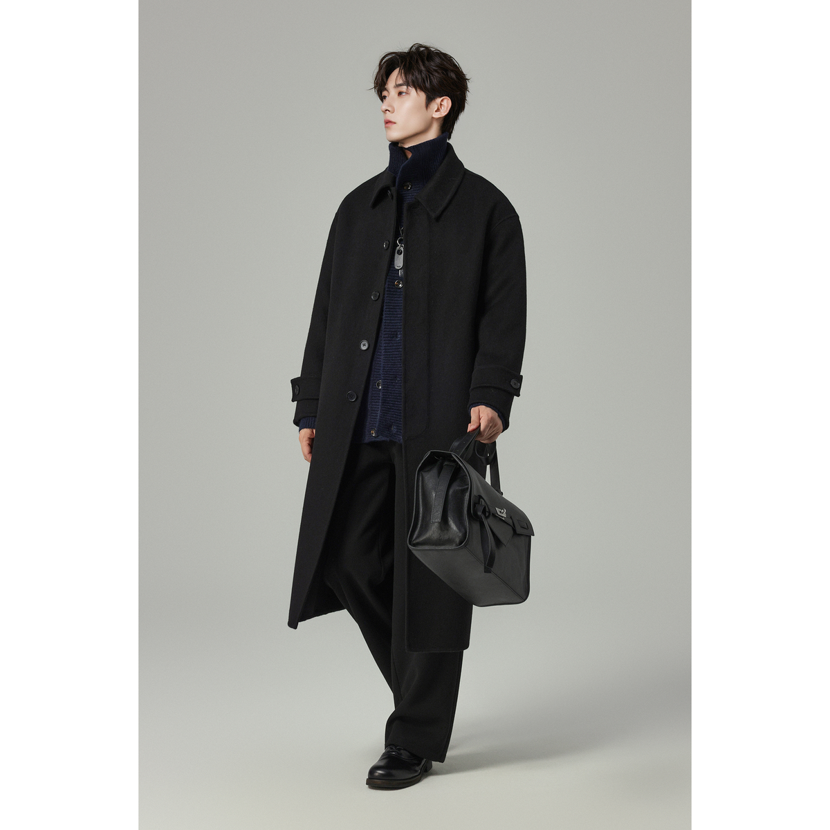 w2x纯色羊毛呢大衣加厚双面呢外套秋冬季新款男装中长款风衣时尚