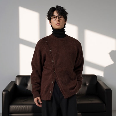 w2x双面毛呢针织衫内搭男士秋冬季新款冬装加厚圆领毛衣打底宽松