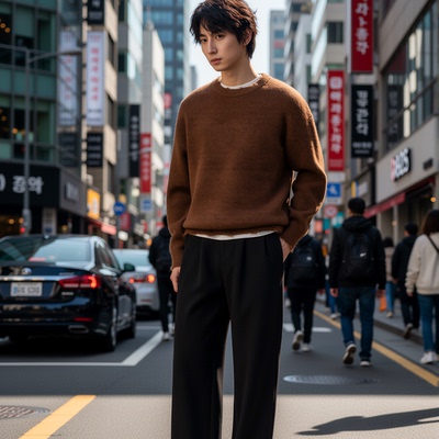 w2x圆领毛衣男士毛呢针织衫秋冬季上衣加厚款保暖男款打底衫新款