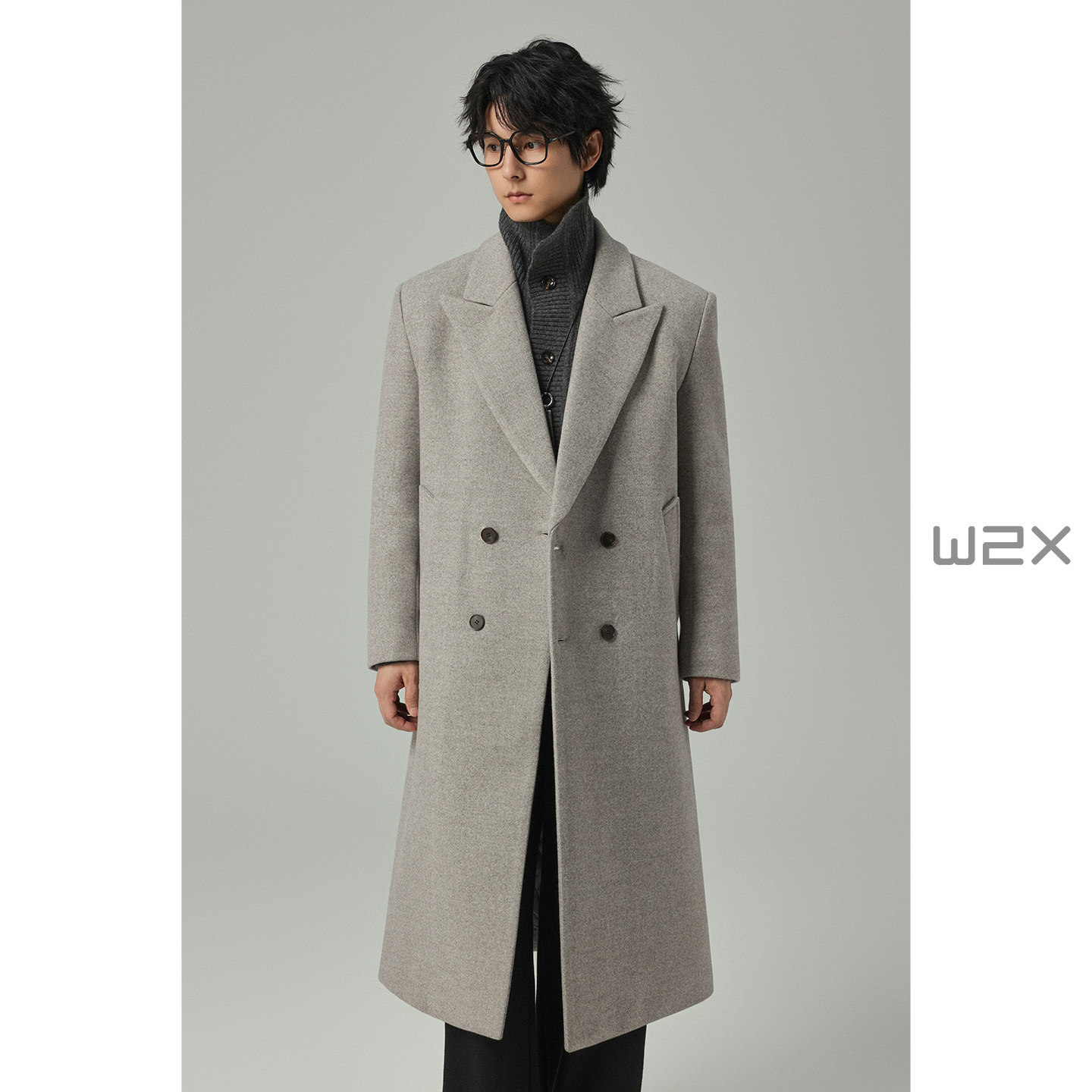 w2x冬季加棉加厚2025新款翻领毛呢大衣男中长款双排扣呢子外套潮,男装,毛呢大衣,淘宝优惠券,粉丝福利购,淘宝优惠卷