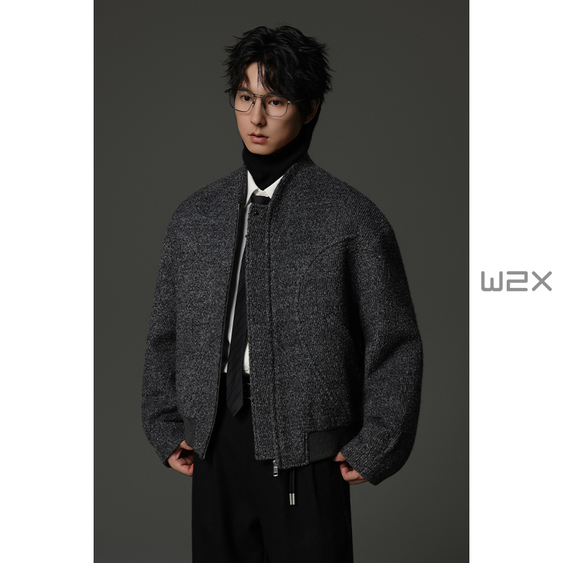 绵羊毛针织大斜纹立领呢子夹克