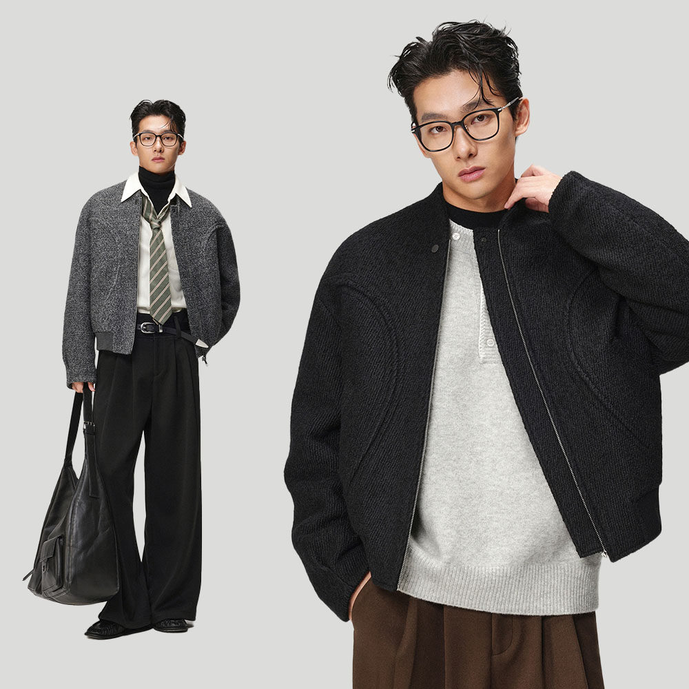 w2x高档羊毛呢夹克秋冬季男装棒球服短款呢子外套男青年上衣冬装