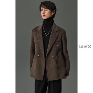 w2x2025秋冬季 外套 双排扣平驳领双面呢羊毛休闲西服男宽松小西装
