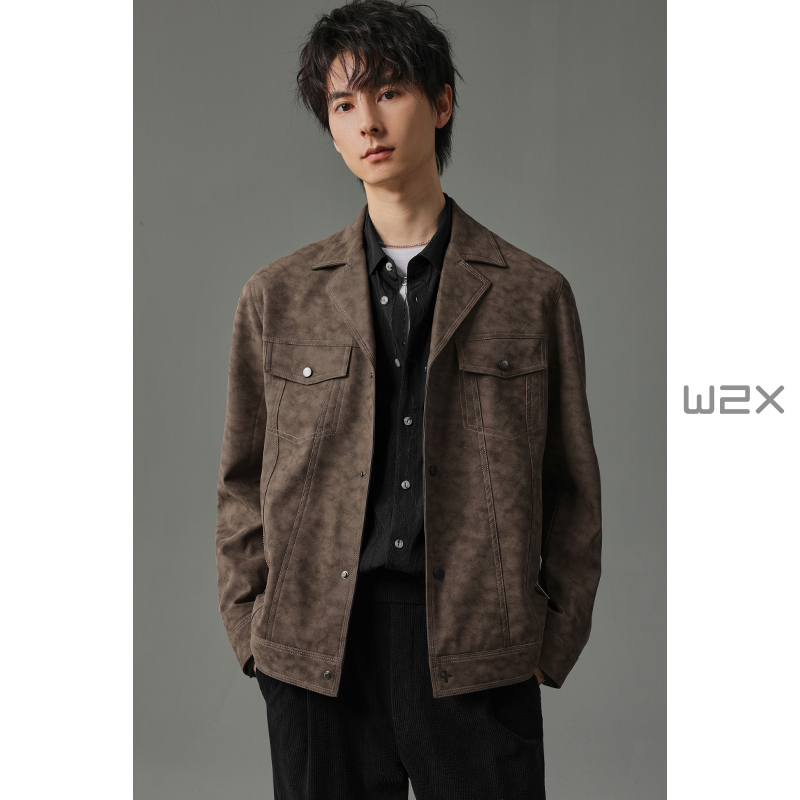 新款PU皮国风印花行政夹克男