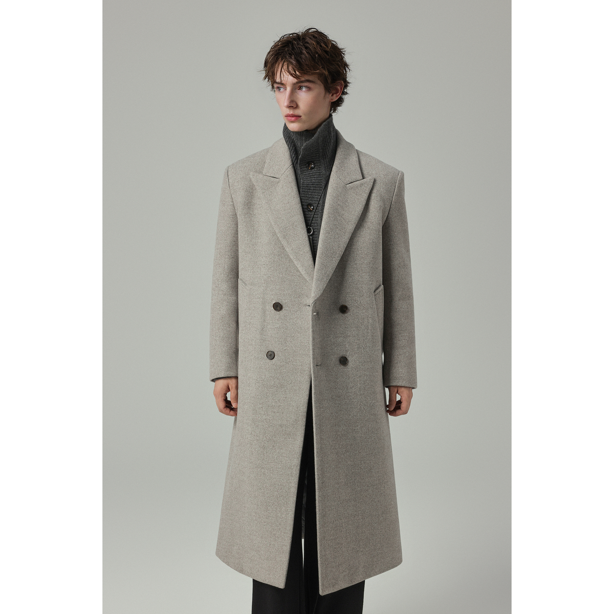 w2x双面毛呢大衣秋冬季新款加厚外套男中长款风衣过膝男装英伦风