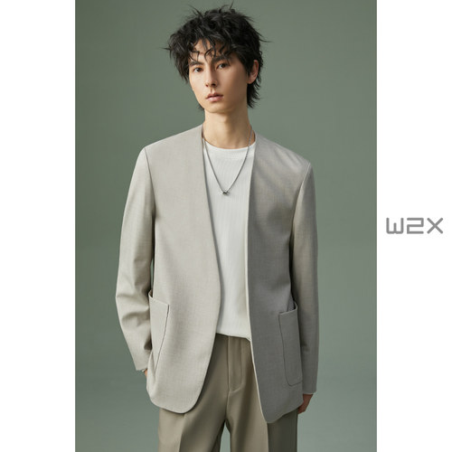 w2x2024新款无领休闲西装男