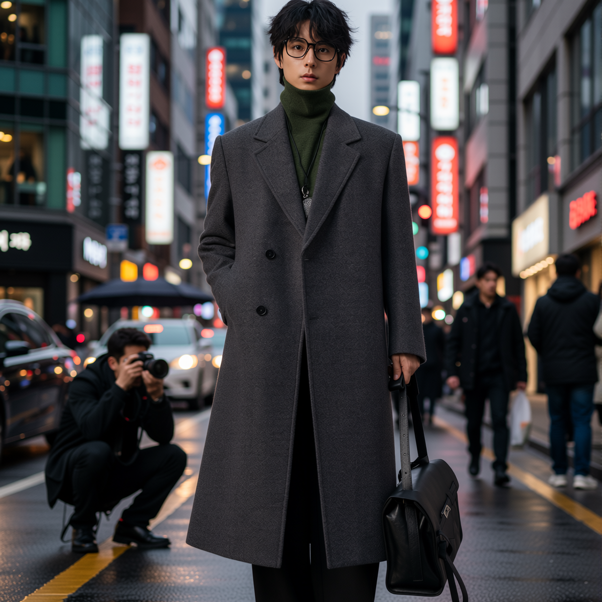 w2x冬季新款双面毛呢外套加厚中长款冬装男士风衣西装男装大衣潮