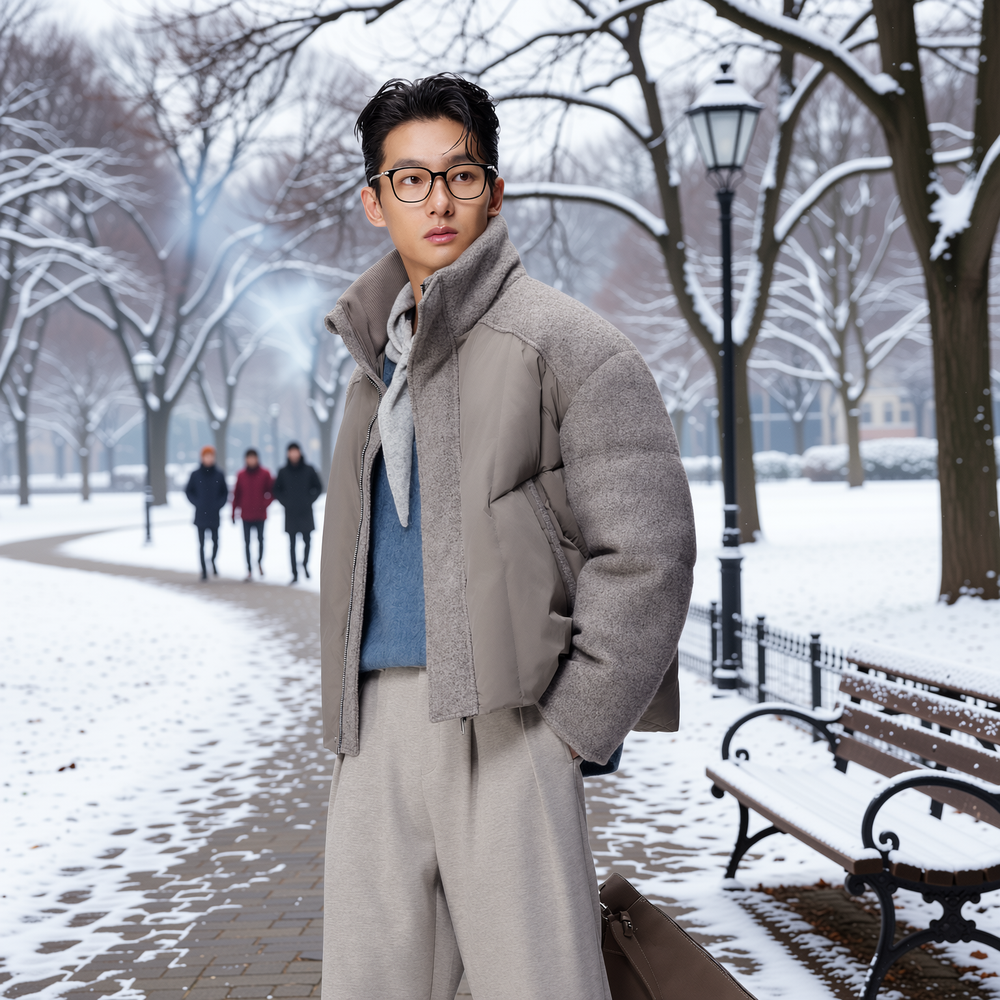 w2x潮流新款鸭绒羽绒服冬季夹克工装加厚面包服外套男装羊毛拼接