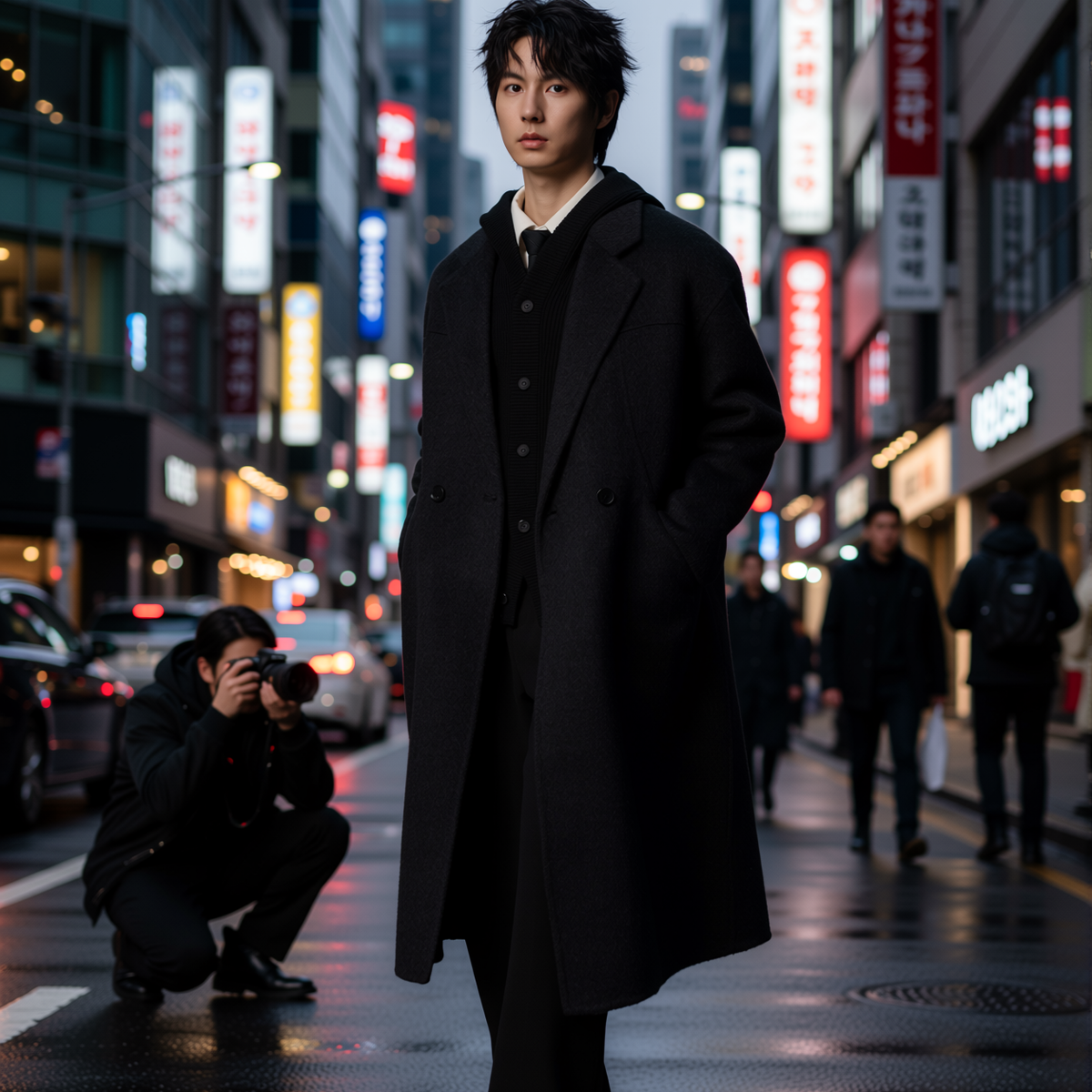 w2x羊毛外套男秋冬季韩式风衣加厚中长款宽松西装冬装双面呢大衣