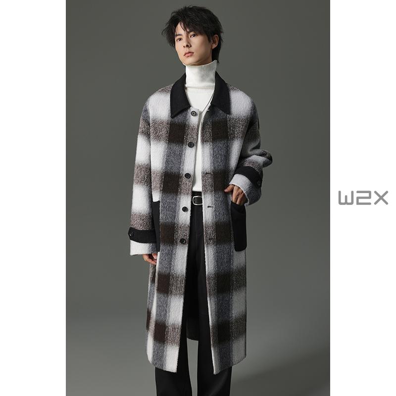异色拼接格子羊毛呢大衣