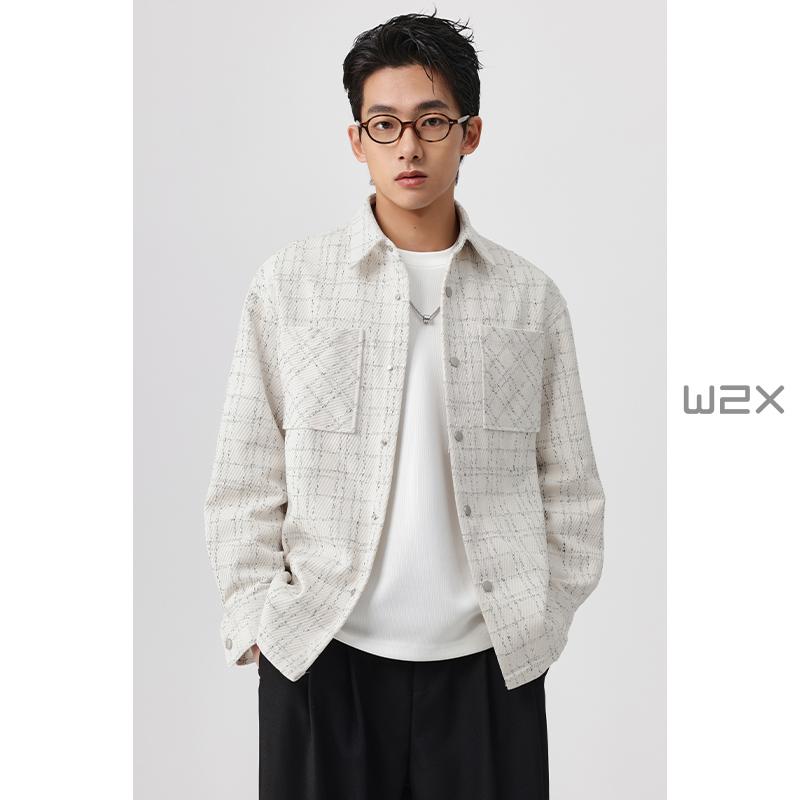 翻领衬衫款夹克纹理拼接夹克