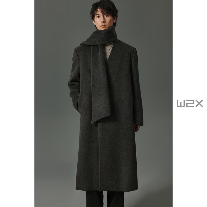 无领羊毛呢大衣男中长款毛呢大衣