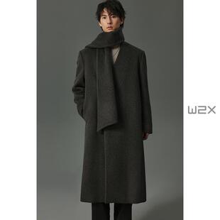 w2x2025冬季 无领围巾款 加棉加厚羊毛呢大衣男中长款 妮子外套 新款