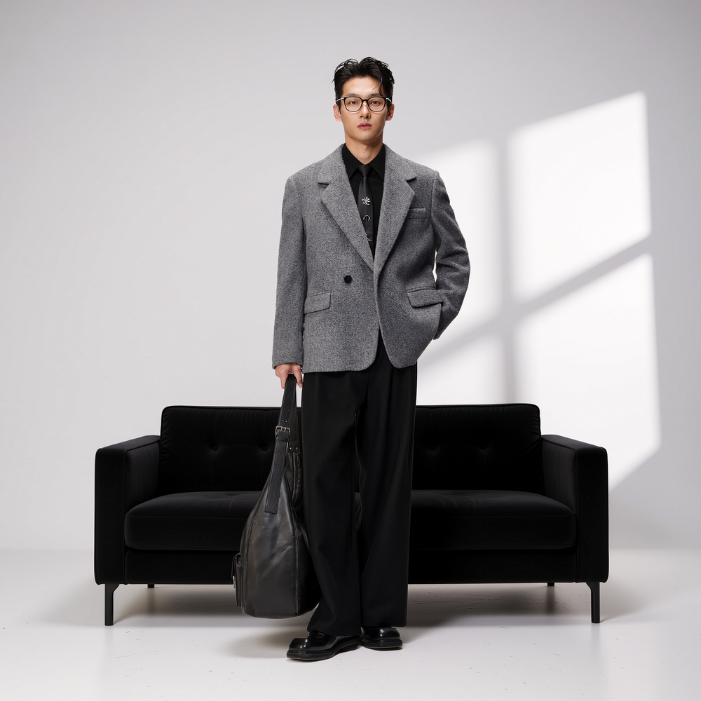 w2x秋冬季双面毛呢大衣男士新款加厚款男装西服外套灰色男士西装