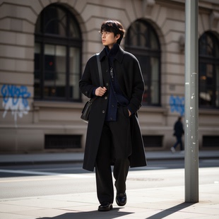 w2x潮流秋冬季羊毛呢大衣男宽松呢子男士外套冬装中长款风衣加厚
