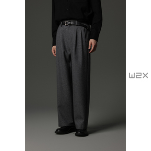 子 男直筒宽松高级感长裤 w2x冬季 加绒加厚绵羊毛法兰绒呢子休闲裤