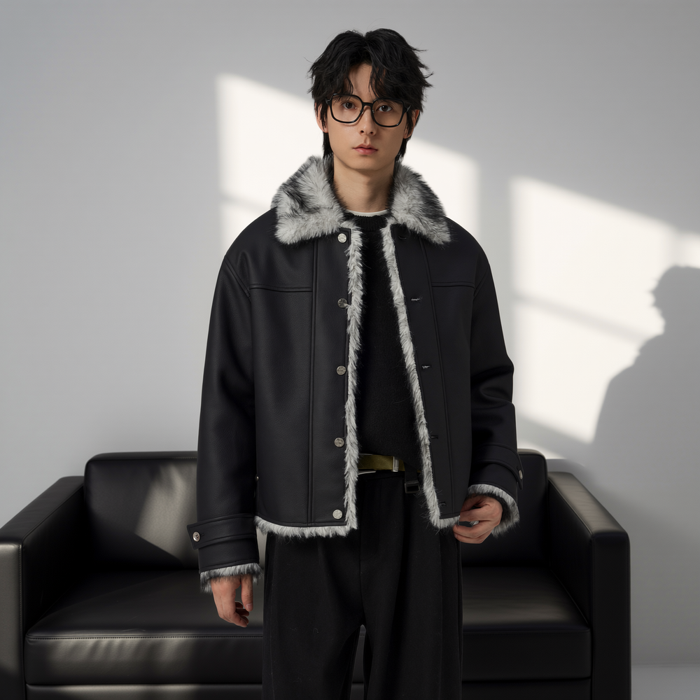 w2x秋冬季拼接毛领皮衣外套冬装加厚加绒上衣短款休闲皮夹克男士