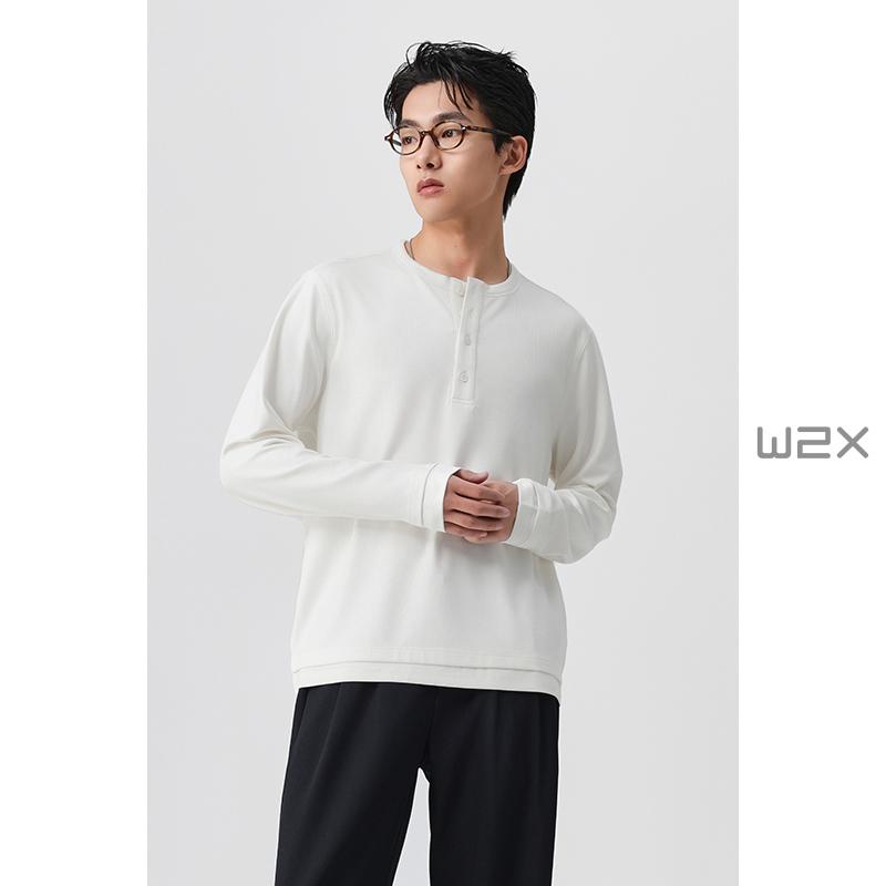 亨利领重磅长袖T恤男纯色体恤