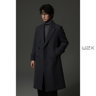 w2x冬季 商务休闲风衣外套 加厚枪驳领垫肩870g羊毛呢子大衣中长款
