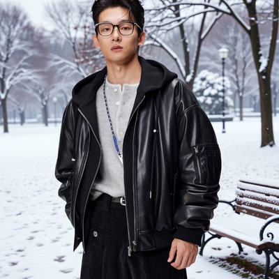 w2x男士PU皮夹克冬季假两件连帽棉衣飞行员皮衣外套加厚仿皮棉服