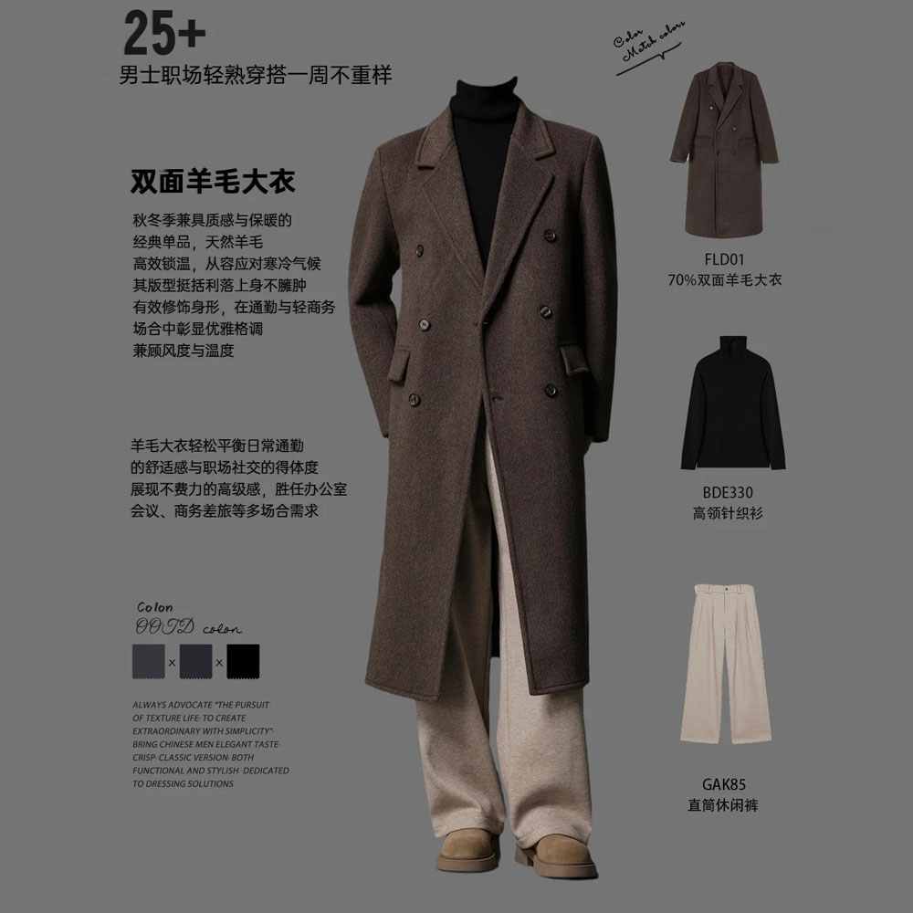w2x双面羊毛呢大衣男士秋冬季新款中长款风衣男装加厚保暖外套潮