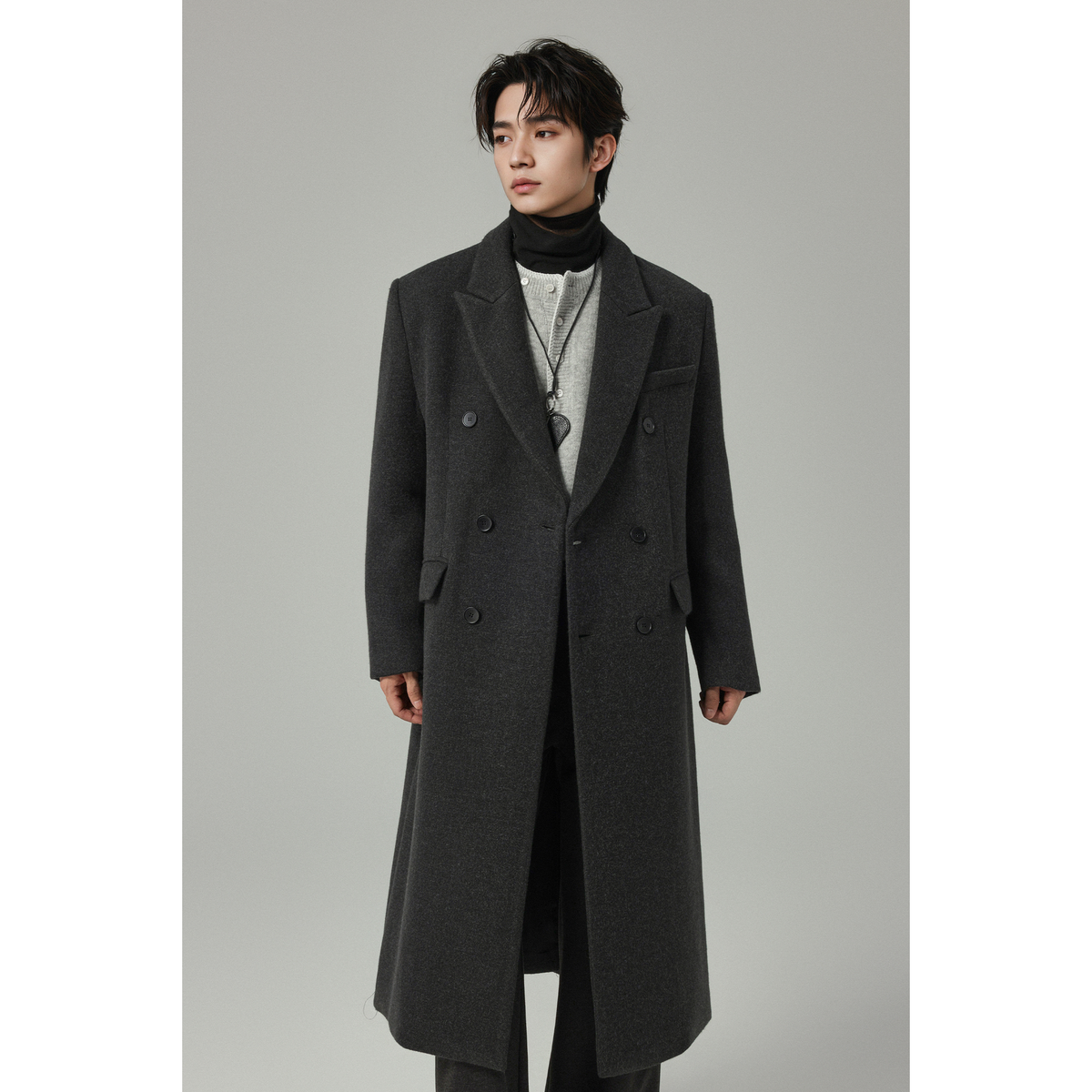 w2x纯色羊毛呢大衣百搭秋冬款男士长款双排扣廓形风衣男加厚外套