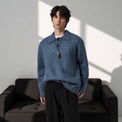 w2x蓝色毛呢针织衫翻领男士毛衣秋冬季内搭保暖打底衫男长袖加厚