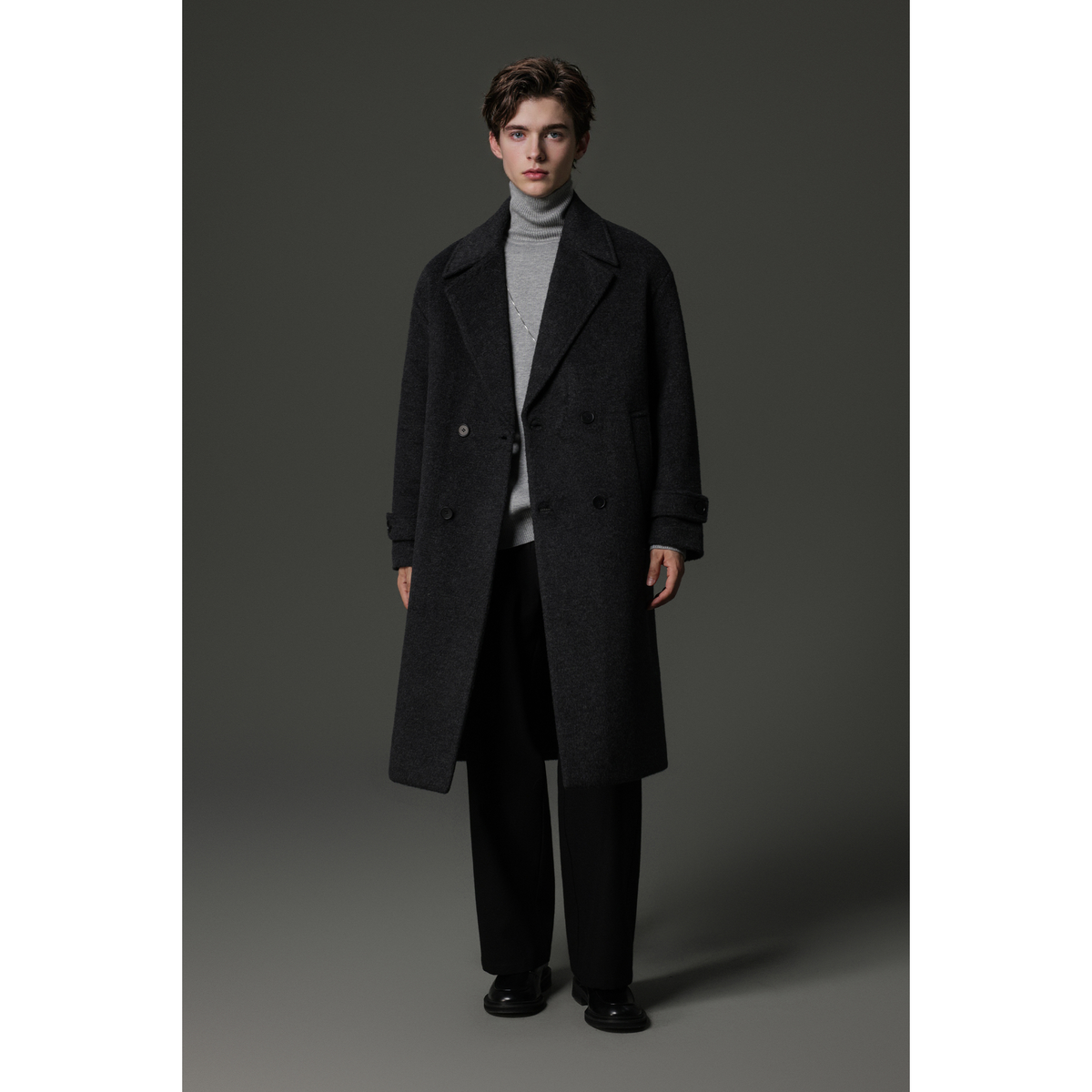 w2x帅气羊毛双面呢大衣秋冬季男士加厚呢子外套男款新款风衣过膝