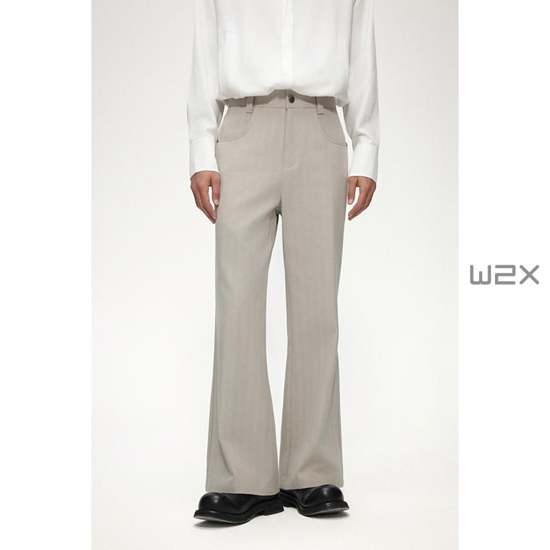 条纹棉天丝混纺微喇叭休闲长裤