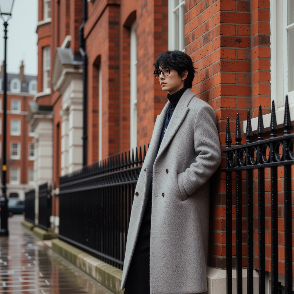 w2x极简风双面毛呢大衣男士加厚秋冬季冬装风衣中长款西装外套男