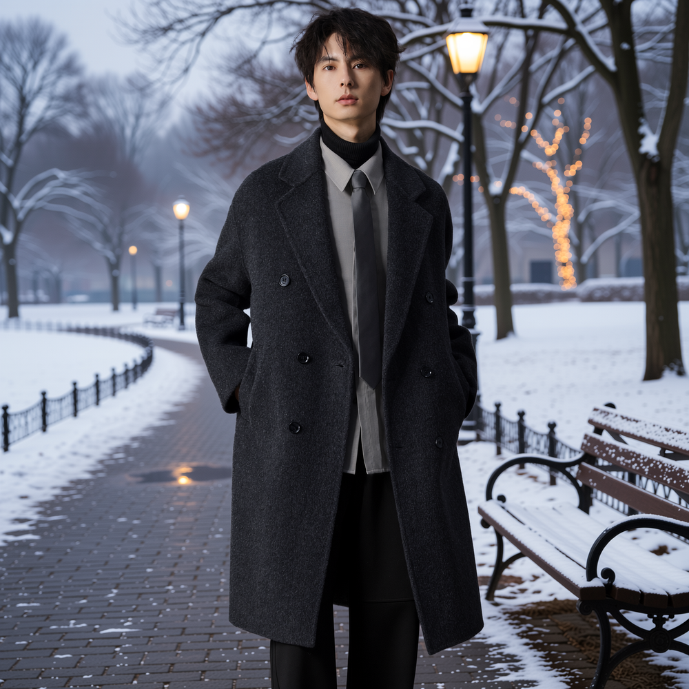 w2x秋冬季双面全羊毛呢大衣新款男士风衣中长款外套男装加厚保暖