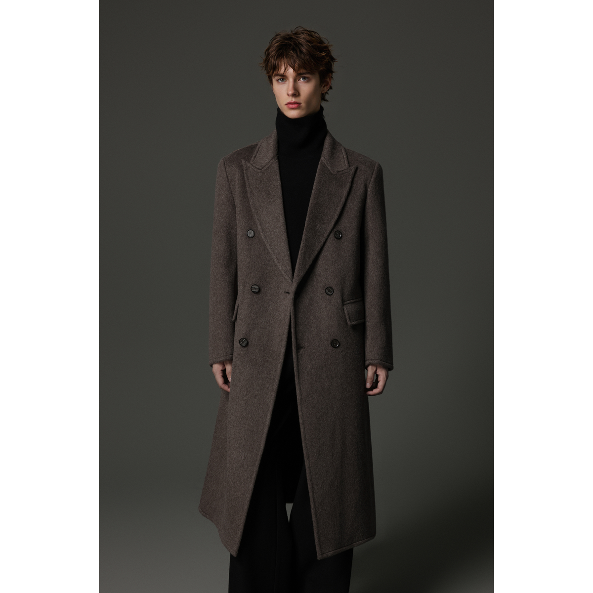 W2X高档中年男装冬款风衣 黑色双面呢羊毛长款毛呢大衣外套2025