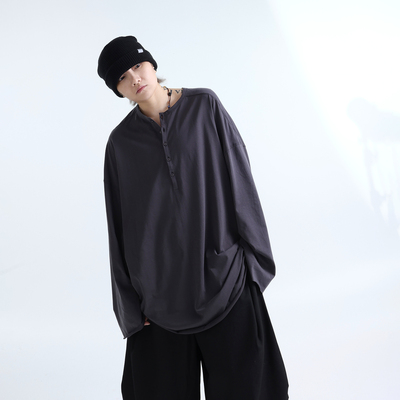 素感垂坠卷边超大廓形长袖T恤