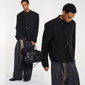 「GRNL」春秋混纺新中式 廓形垫肩立领夹克 斜门襟不对称西装