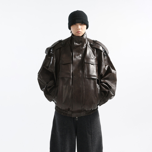 新品限时85折/ 派克装置 复古巴洛克超大廓形飞行员皮夹克外套