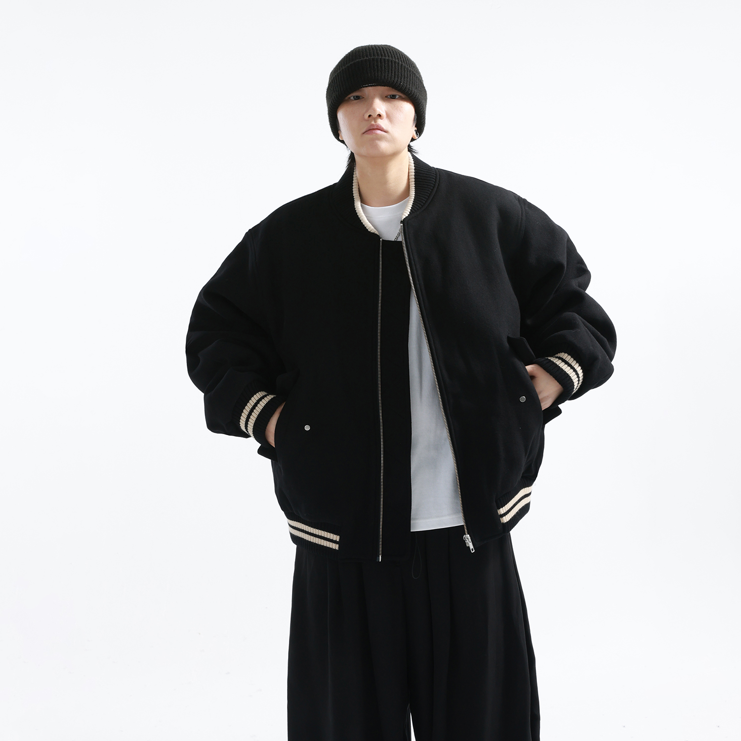 重磅羊毛呢经典廓形飞行夹克外套