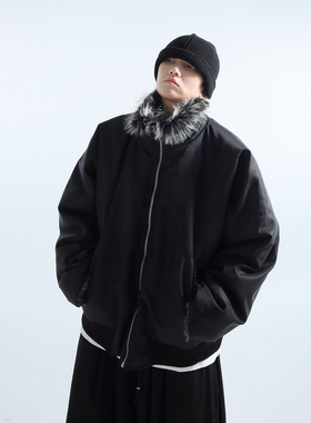 「GRNL」男女同款OVERSIZE环保皮草拼接内胆加厚绒高领飞行员夹克