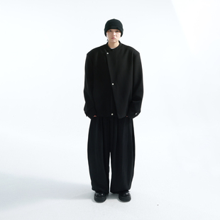 「GRNL」暗面折叠TR金属扣黑色新中式 夹克 斜门襟廓形垫肩立领西装