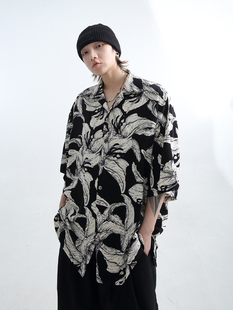 「GRNL」自然垂坠透气复古手绘花纹OVERSIZE宽松男女五分短袖 衬衫