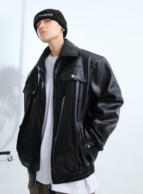 「GRNL」硬货！经典复古廓形直角肩机车外套男女大垫肩短款皮夹克