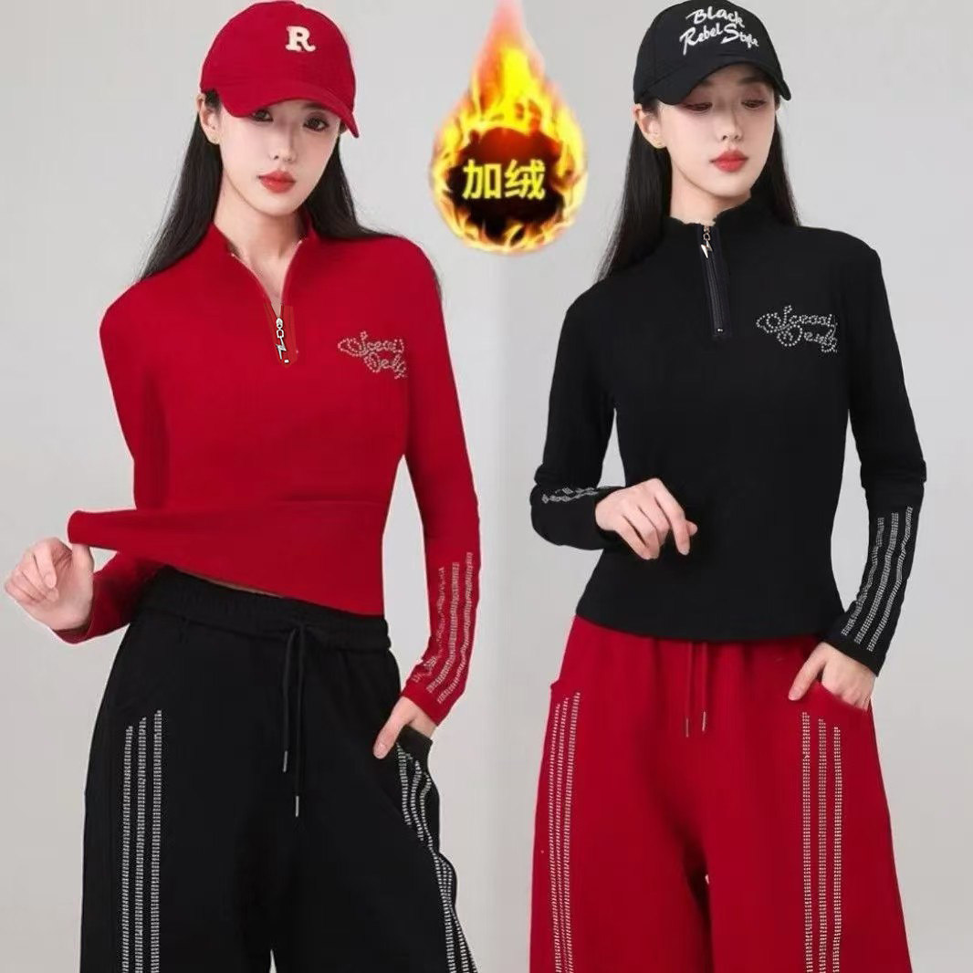 新款广场舞服装女士长袖上衣拉链薄绒运动舞蹈服时尚百搭烫钻上衣