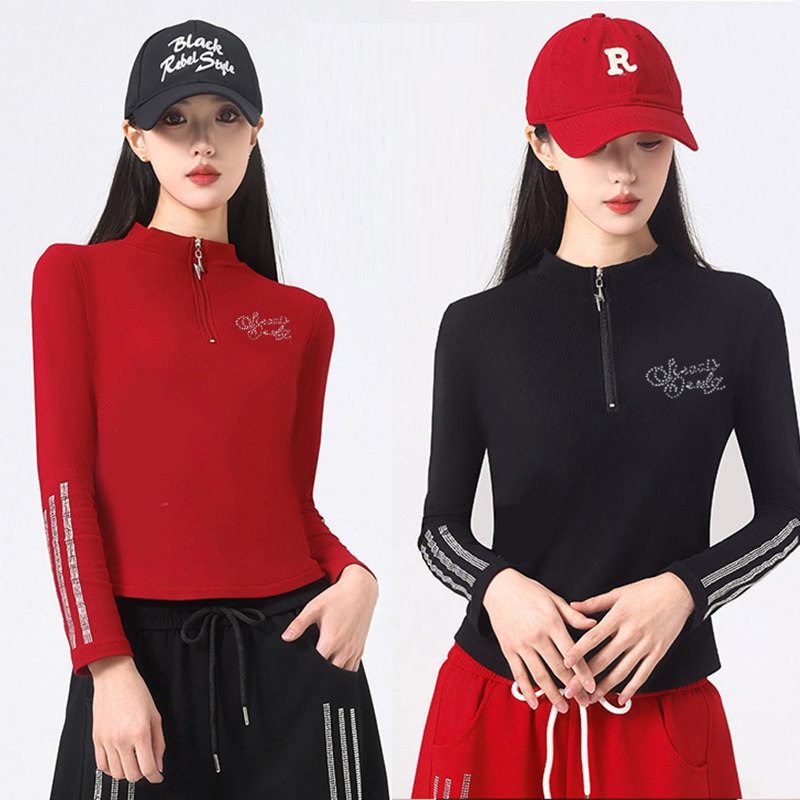 新款广场舞服装女士长袖上衣拉链运动舞蹈服时尚百搭烫钻上衣