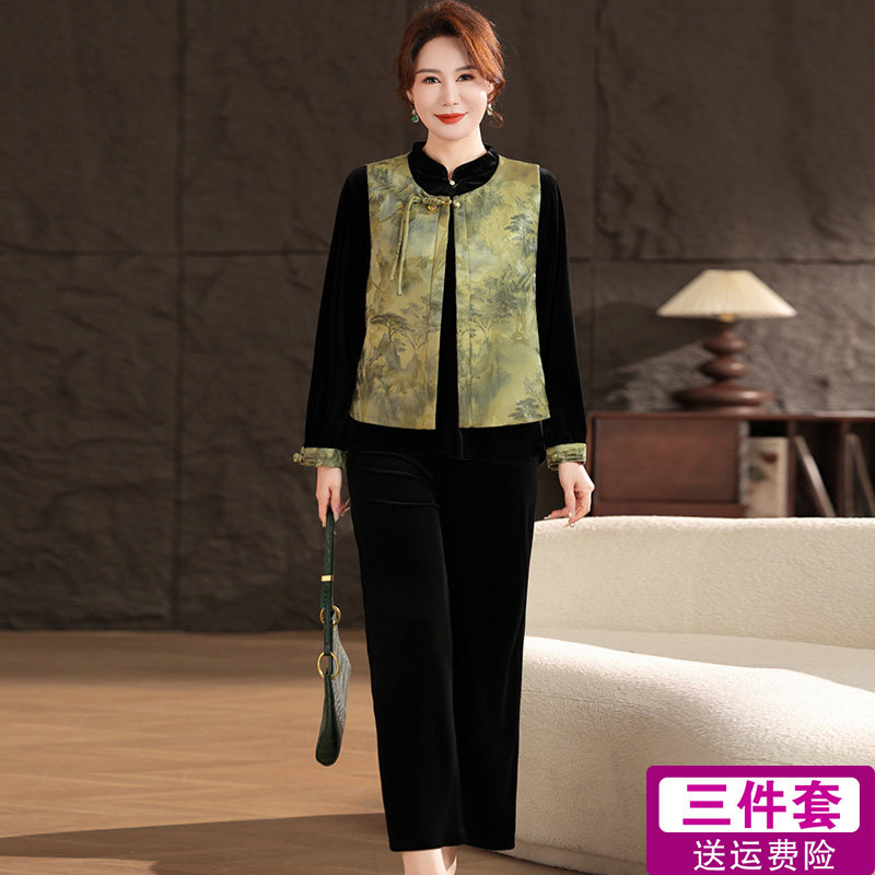 妈妈春装套装2025新款民族风中年开衫中老年女装金丝绒洋气三件套